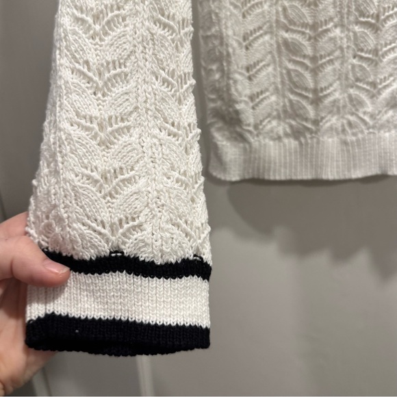 Anthropologie Flat White V-Neck Pointelle Sweater Tennis Prep Preppy Academia - Picture 5 of 14